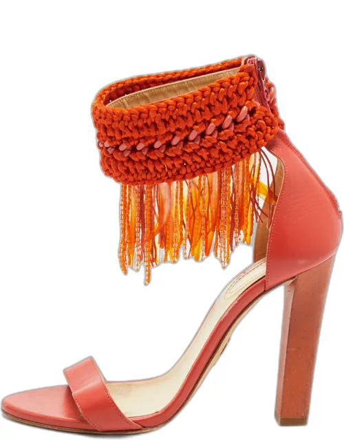Roberto Cavalli Orange Leather and Woven Fabric Fringes Ankle Strap Sandal