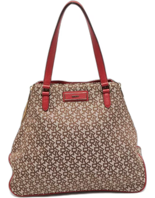 DKNY Red/Beige Signature Canvas and Leather Large Zip Tote