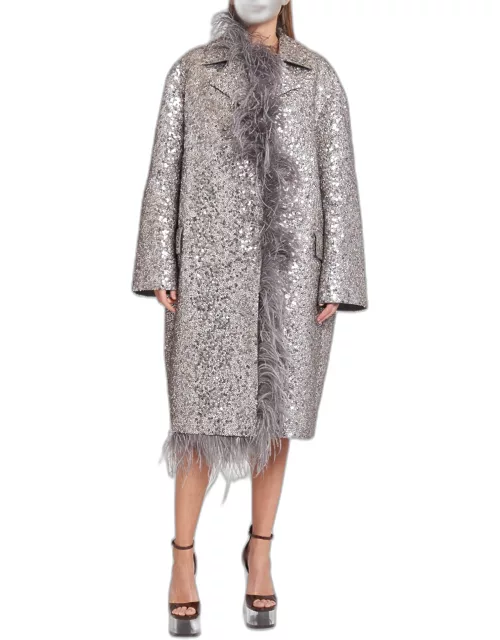 Sequin Embroidered Long Coat with Feather Tri