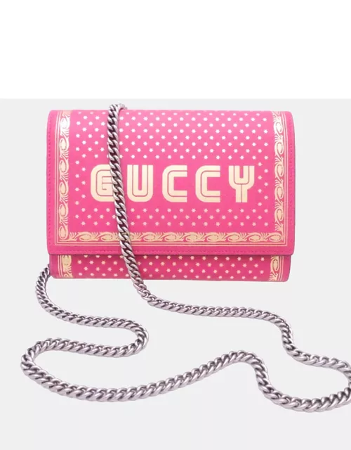 Gucci Pink Leather Limited Edition Printed Guccy Wallet on Chain