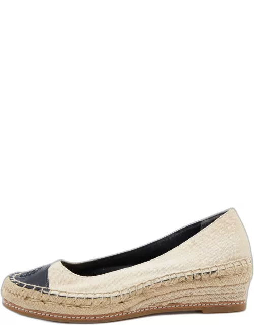 Tory Burch Beige/Black Canvas and Leather Flat Espadrille