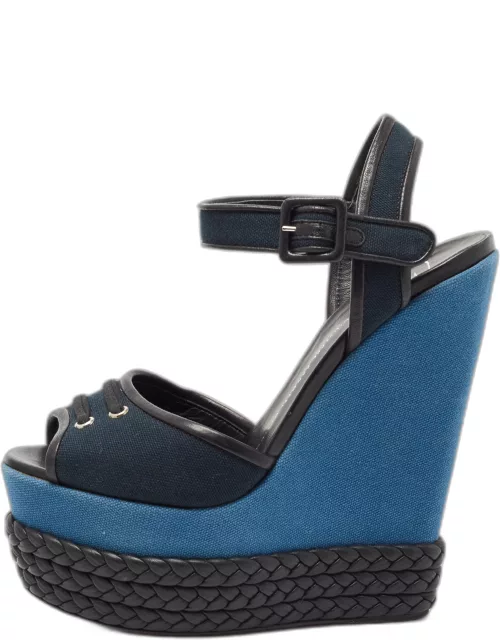 Giuseppe Zanotti Navy Blue/Black Canvas and Leather Ankle Strap Wedge Sandal