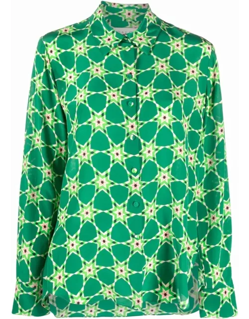 Green silk shirt with graphic print