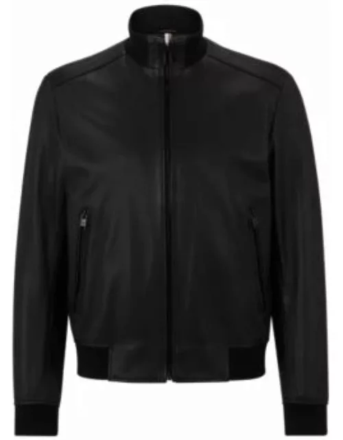 Bomber-style jacket in lamb leather with chunky zip- Black Men's Leather Jacket