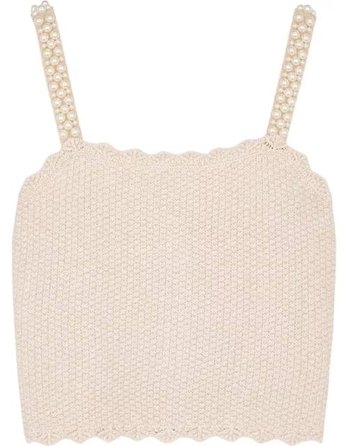 Alice + Olivia Sid Faux Pearl-embellished Cotton-blend Top