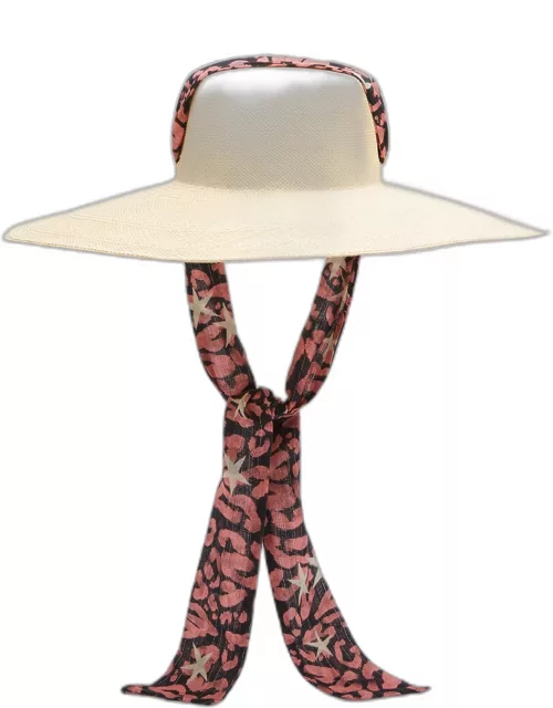 Cordovan Extra-Long Brim Hat With Leopard-Print Ribbon