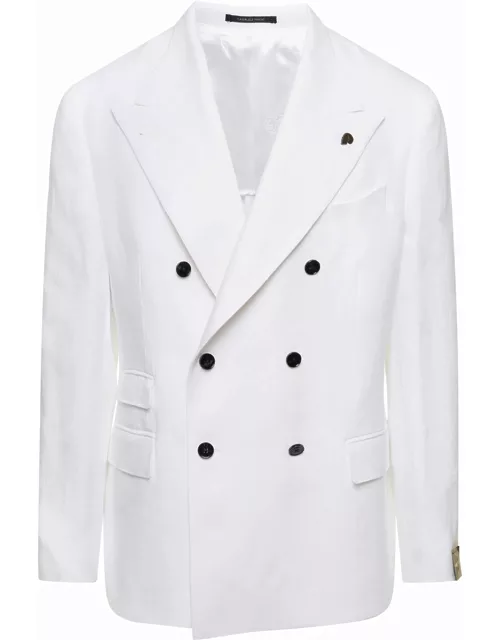 Gabriele Pasini White Double-breasted Jacket With Skull Pin In Linen Man