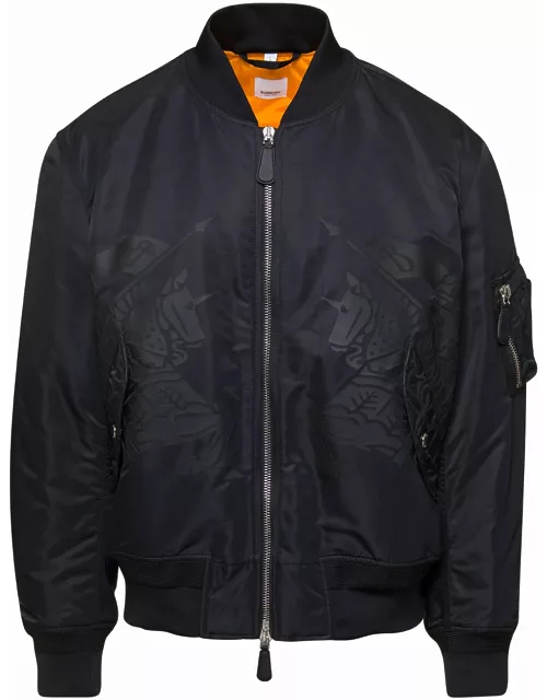 Burberry Black Bomber Jacket With Equestrian Knight Print In Polyamide Stretch Man