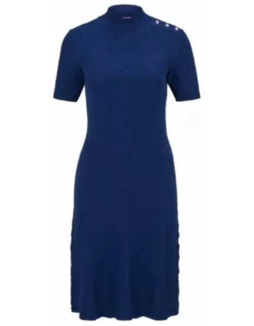 Short-sleeved dress with knitted structure- Dark Blue Women's Knitted Dresse