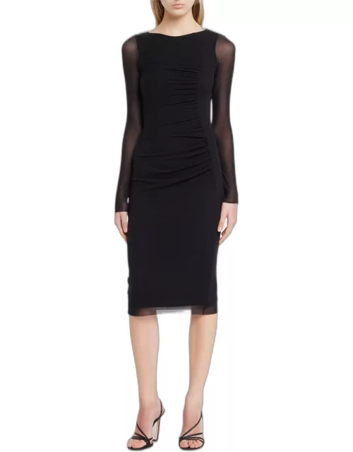 Ruched Bateau-Neck Tulle Midi Dres