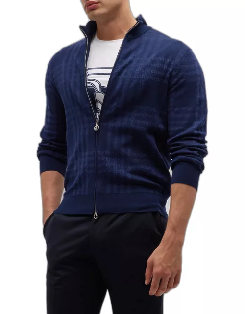 Men's Cotton-Silk Plaid Full-Zip Sweater