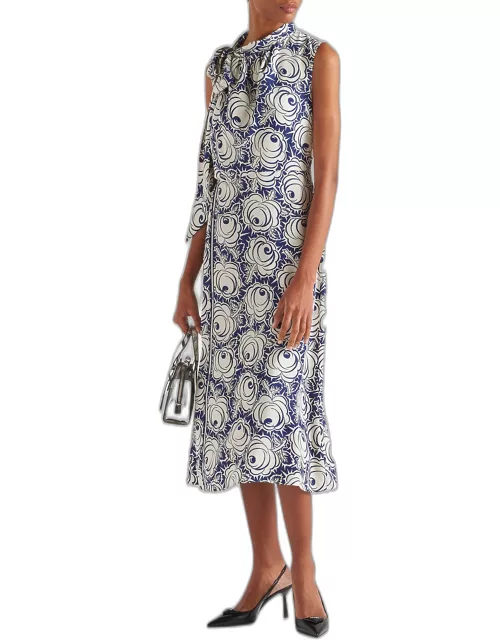 Floral-Print Midi Dress with Scarf Neck