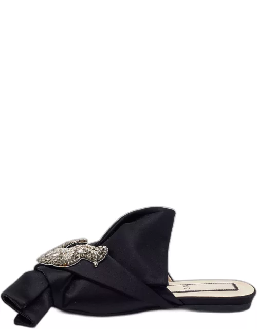 Nº21 Black Satin Knot Embellished Flat Sandal