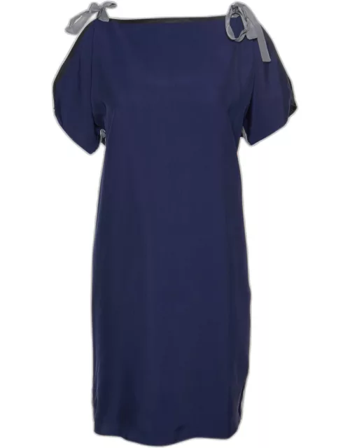 Sportmax Navy Blue Twill & Jersey Bow Detail Mini Dress