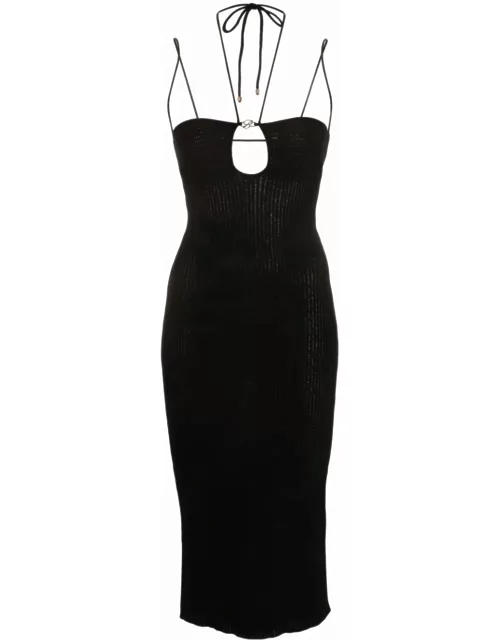Black ribbed midi dress with logo applique