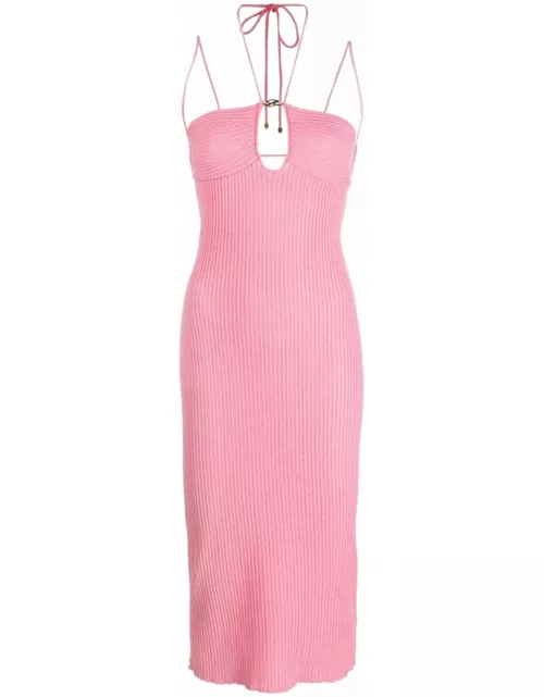 Pink ribbed midi dress with logo applique