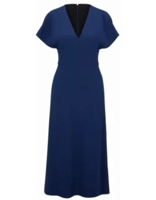 Slim-fit long-length dress with V neckline- Dark Blue Women's Business Dresse
