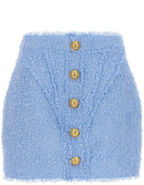 Balmain Light Blue Tweed Skirt With Gold Button