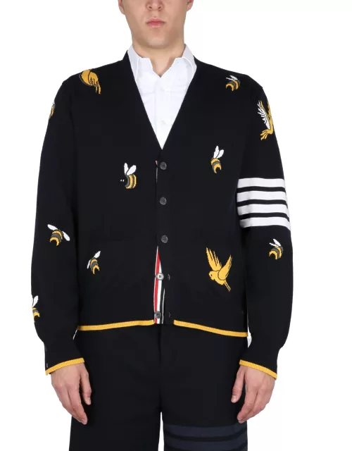 thom browne cardigan with birds and bees inlay