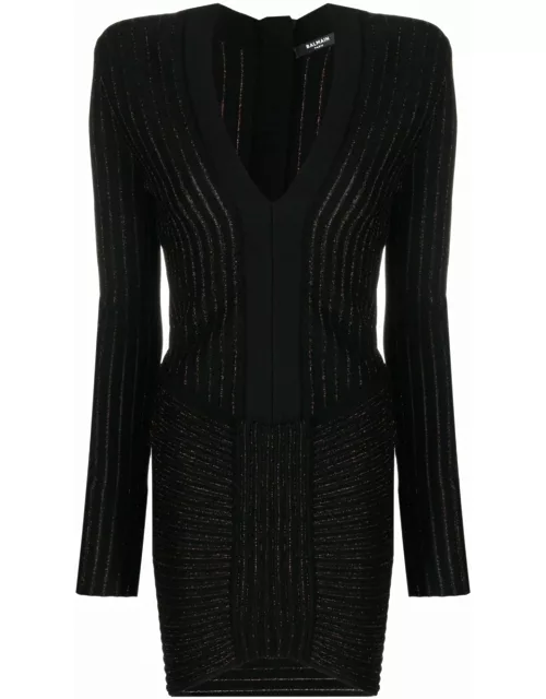 Black knit short dress with v-neckline