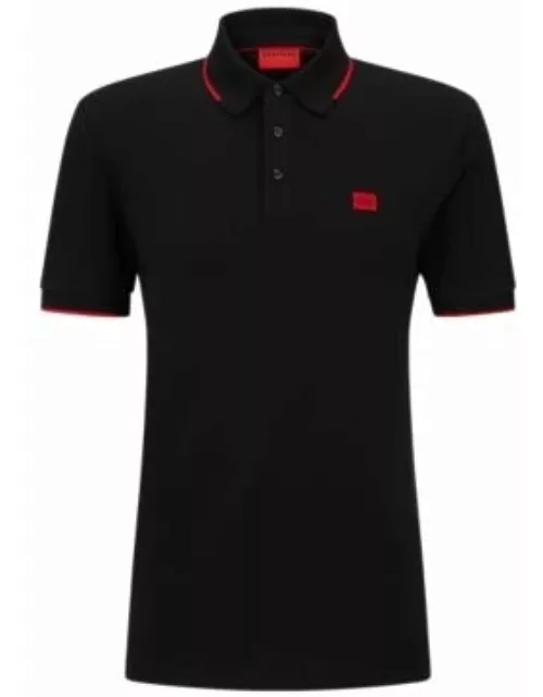 Cotton-piqu slim-fit polo shirt with red logo label- Black Men's Polo Shirt