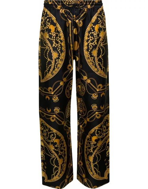 Marine Serre Black Loose Pants With All-over Graphic Print In Silk Man