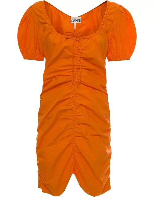 Ganni Mini Gathered Orange Dress With Balloon Sleeves In Cotton Woman