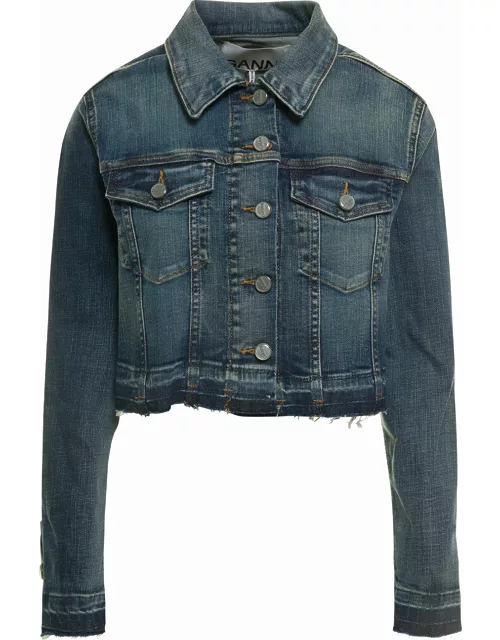 Ganni Blue Cropped Jacket With Branded Buttons And Logo Patch In Stretch Cotton Denim Woman