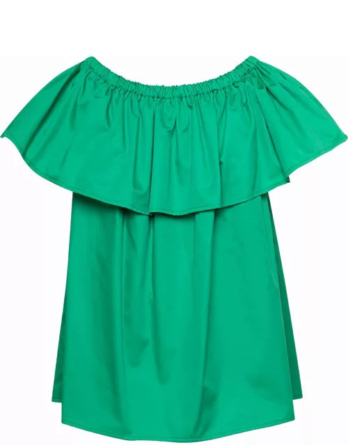 Douuod Emerald Green Ruffle Top With Boat Neckline In Cotton Woman