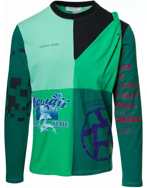 Marine Serre Green Long Sleeves T-shirt With Regenerated Print In Cotton Man