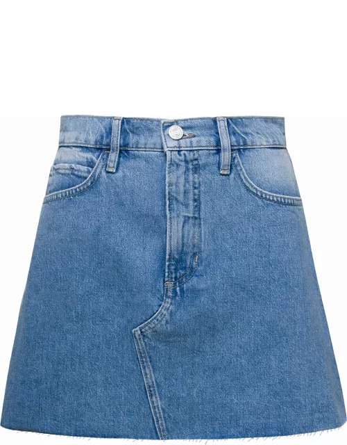 Frame Light Blue High-waisted Mini-skirt With Branded Button In Cotton Denim Woman