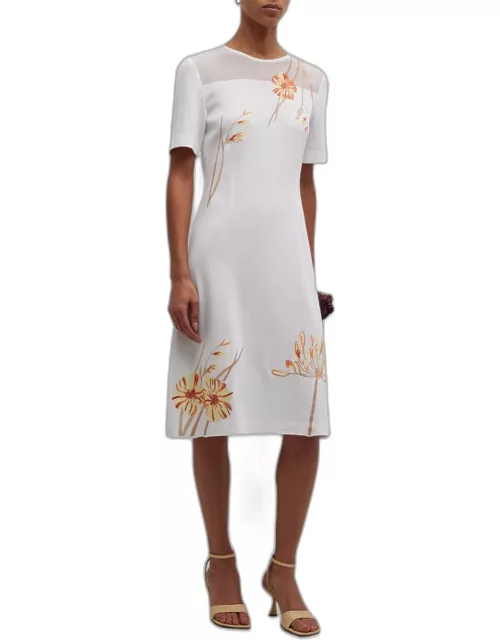 Floral-Embroidered A-Line Midi Dres