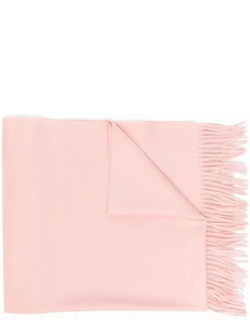 Pink scarf with embroidered logo and fringe