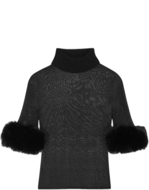 Black semi-sheer turtleneck sweater with fur tri