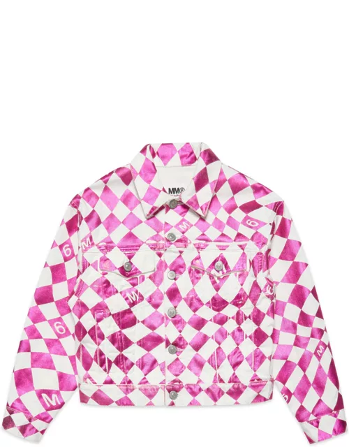 MM6 Maison Margiela Mm6j44u Jacket Maison Margiela White And Pink Denim Jacket With Metallised Chequered Print