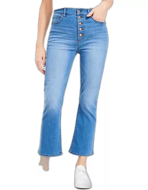 Loft Button Front High Rise Kick Crop Jeans in Bright Mid Indigo Wash