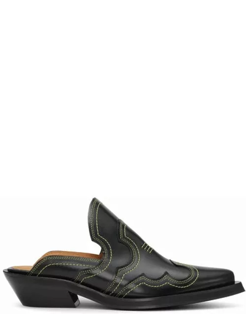 GANNI Embroidered Western Mules in Black/Yellow