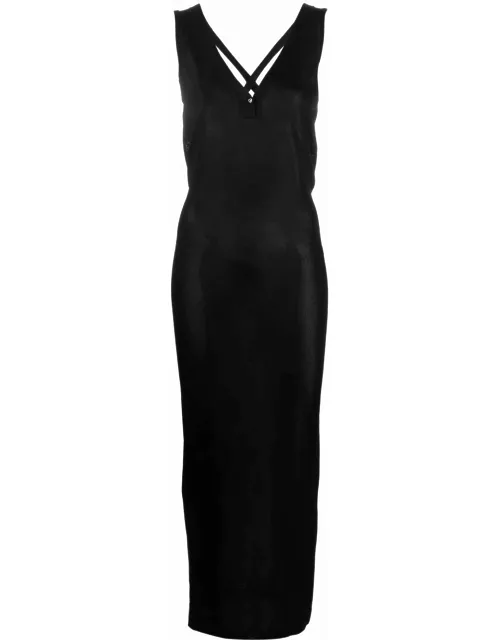 Black sleeveless long dress with crossover back neckline