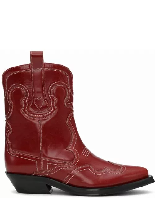 GANNI Red Low Shaft Embroidered Western Boots in Barbados Cherry