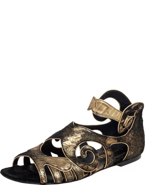 Chanel Black/Gold Calf hair and Leather Cutout Flat Sandal