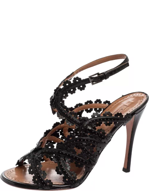 Alaia Black Leather Floral Cut-Out Ankle-Strap Sandal