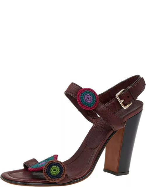 Prada Brown Leather Floral Embroidered Patches Ankle Strap Sandal