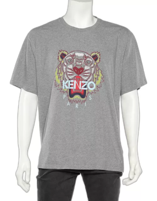 Kenzo Grey Tiger Printed Cotton Crewneck T-Shirt