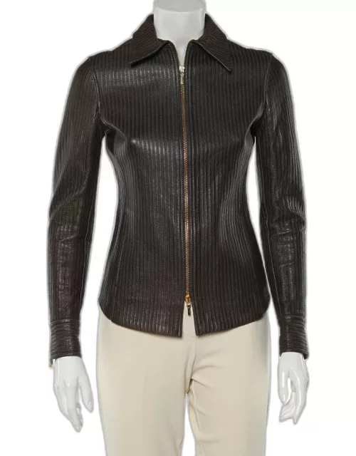 Gucci Brown Stitched Leather Zip Front Jacket