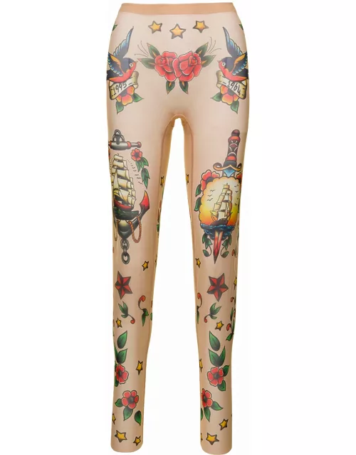 Flesh Pink Stretch Leggings With All-over Print Woman Dsquare