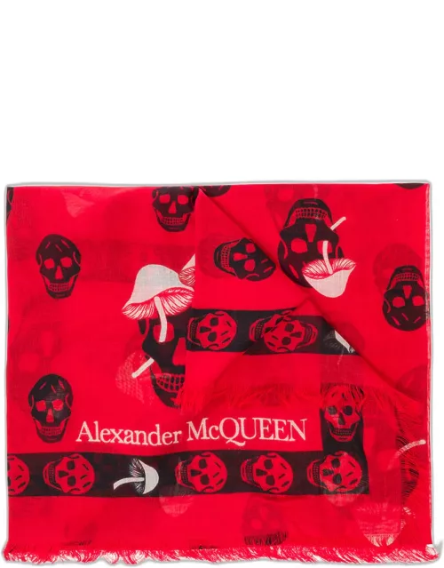 Alexander McQueen Red Scarf With Skull And Mushroom Print All-over In Modal Blend