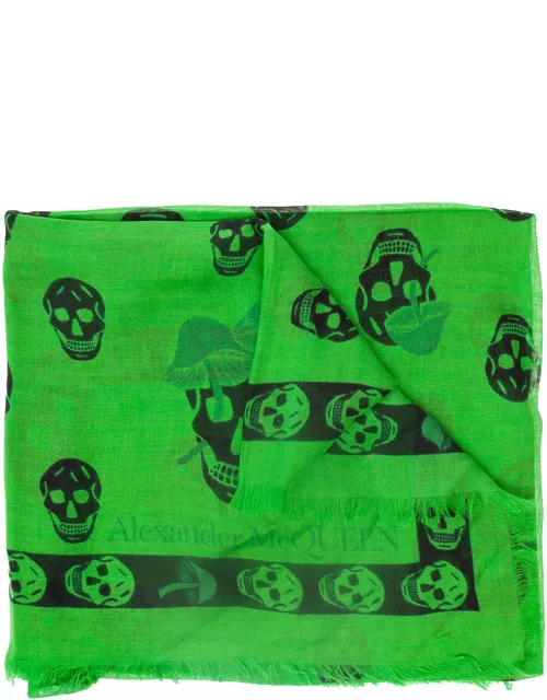 Alexander McQueen Green Scarf With Skull And Mushroom Print All-over In Modal Blend