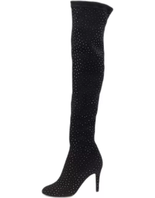 Jimmy Choo Black Stretch Fabric Crystal Embellished Thigh High Boot