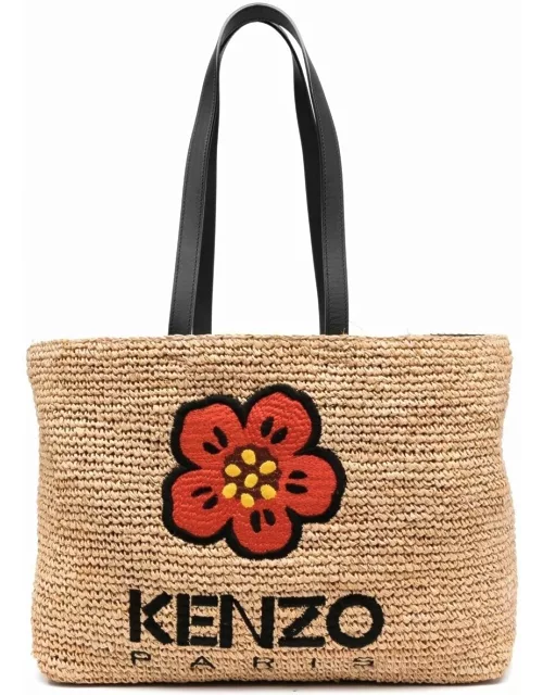 Kenzo Beige Tote Bag With Signature Boke Flower Logo In Raffia Woman