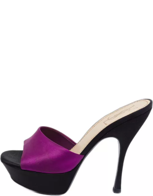Yves Saint Laurent Purple/Black Satin Platform Slide Sandal